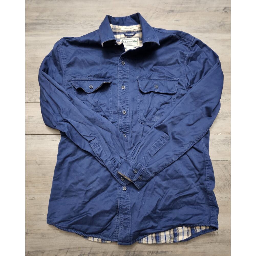 Vintage LL Bean Shacket Men Small Blue Twill Flannel Lined Button Shirt Jacket